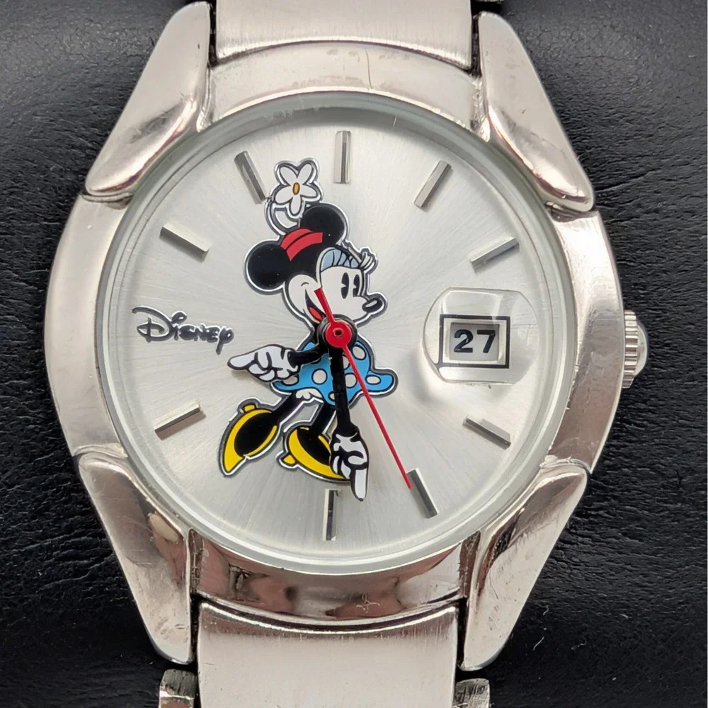 Disney Minnie Mouse Watch Sunburst Silver‎ Tone Bracelet Date Quartz MN2006